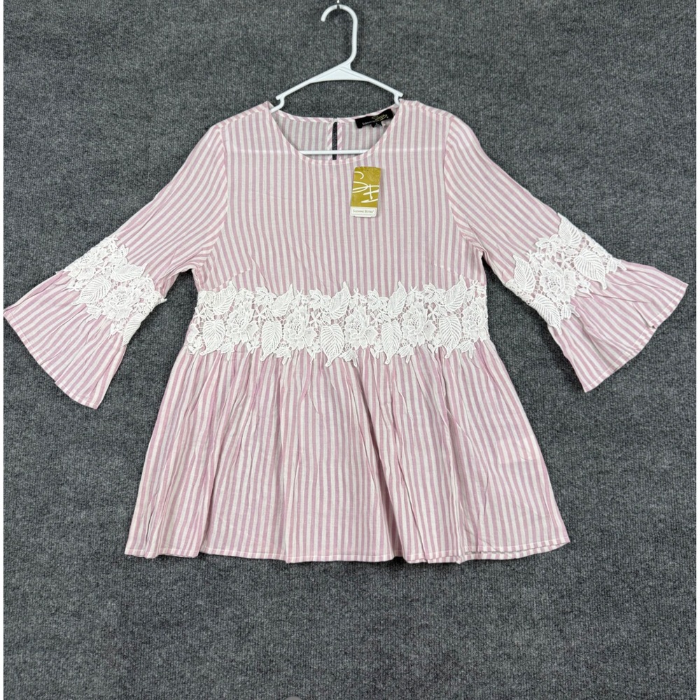 Suzanne Betro Pink White Striped Lace Trim‎ Peplum Tunic Top Small U8501008 NWT